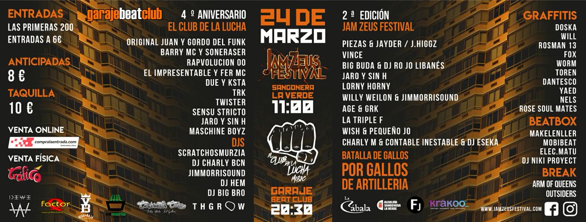 WillyWeilon's tweet photo. 24 de Marzo en Sangonera y en Murcia se lía una Jam como las de hace años. 20 grupos, 10 escritores, 4 beatboxers, 2 colectivos de b.boys, Djs... Gratis la Jam y 8 pavos el evento de después, ya tenéis plan. https://t.co/yHdBubhboA