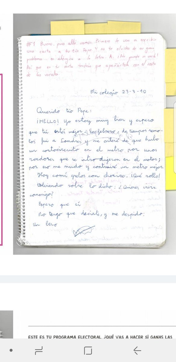 hematocritico's tweet photo. Voy a compartir el ejercicio que hizo una alumna mía de tercero de primaria hace 8 años, de " Escribe una carta a tu tío Pepe,que es alérgico a la letra A". Ahora ese ejercicio está en el Cuadernito de @BlackieBooks. Espectacular. https://t.co/cQko2Vq5JG