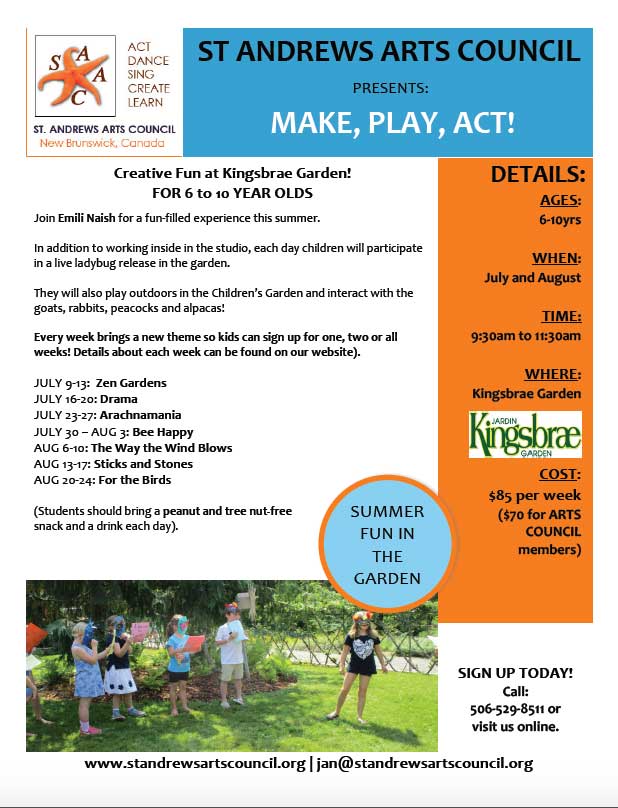 Our 2018 Children's Summer Program, which takes place at <a href="/KingsbraeGarden/">Kingsbrae Garden</a>, has been announced and is already starting to fill up! Visit our new website for all the details. standrewsartscouncil.com/make-play-act/ #StAndrewsNB #makeplayact