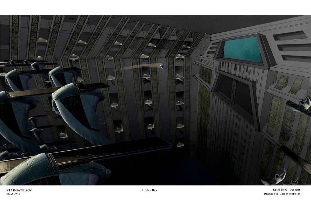 BaronDestructo's tweet photo. Nice job, Stargate fans!  Our hour is up - but if you want to keep the party going, by all means!  I leave you with one final piece of concept art c/o James Robbins: The Glider Bay from Stargate: SG-1's "Descent"
@MGMTelevision @MGM_Studios @stargatecommand 
#StargateAlive https://t.co/O8iorkORur
