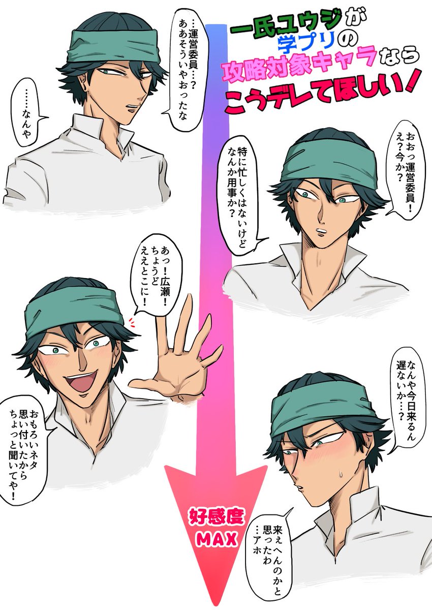一氏ユウジが学プリの攻略対象キャラなら話しかけた時こういう感じにデレていってほしい妄想絵です 
