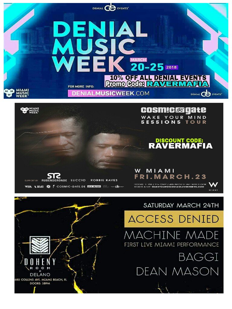 USARAVESQUAD's tweet photo. Miami Music Week 2018
Buy your tickets ASAP!
Discount Code: RAVERMAFIA
*Apply code for a discount on tickets during check-out.
Code is good for the events pictured.
#miamiedm #mmw2018 #miamimmw2018 #floridaedm #floridaravers #festivalseason #miami #ultraweek #ultra20 https://t.co/kPkNMZSzer