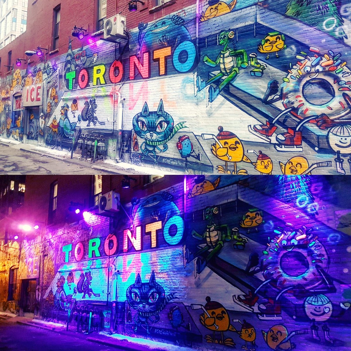 lanewayproject's tweet photo. Hands up 🙌 if you caught a glimpse of this black-lit mural in #GraffitiAlley by @uber5000, a glow in the dark laneway project by @seetorontonow and @wearesmak 🖤 

#lovethelaneways #lovetoronto #glowinthedark #blacklight #toronto #streetart #queenwest #uber5000 https://t.co/QTurr1xpWl