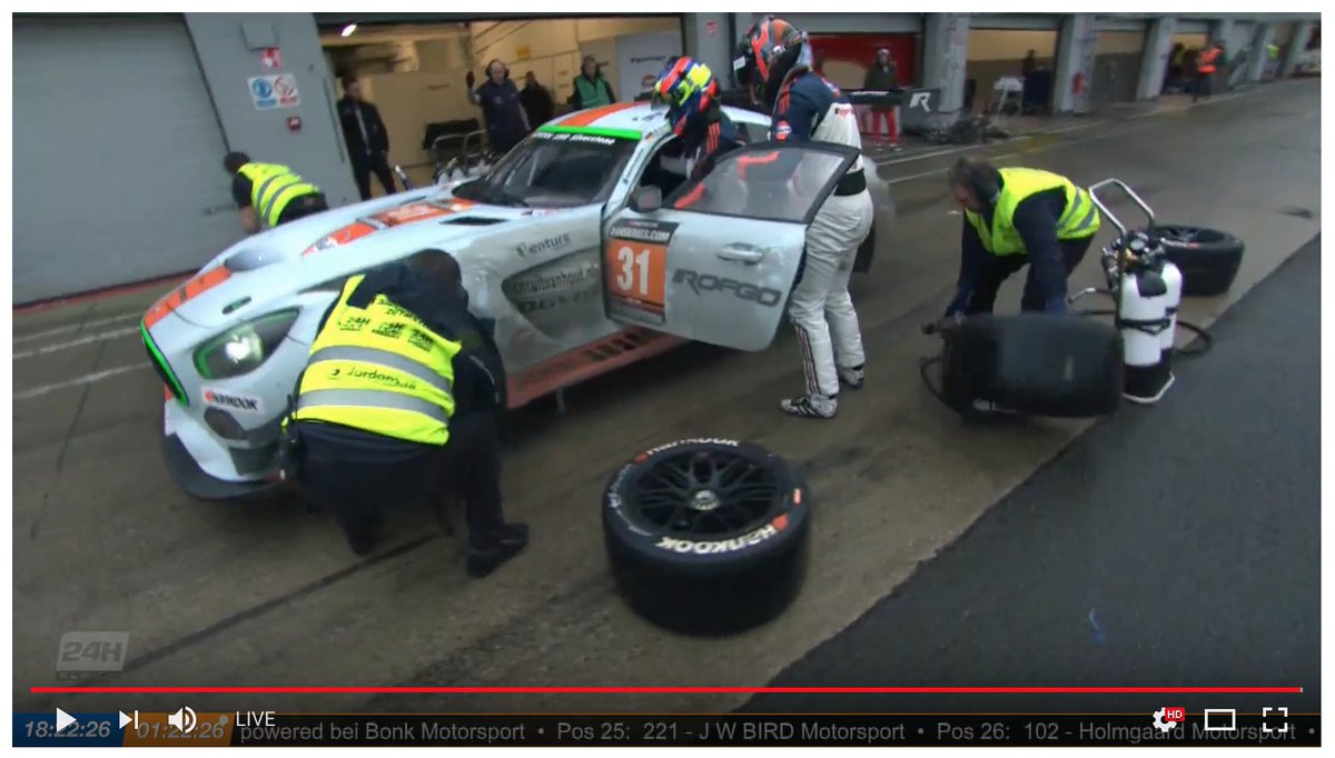 #24HSERIES | The race leaders <a href="/ROFGOcollection/">ROFGO</a> (31) head to the pits for fresh rubber. The Mercedes had been losing 20 seconds per lap on slicks in wet weather