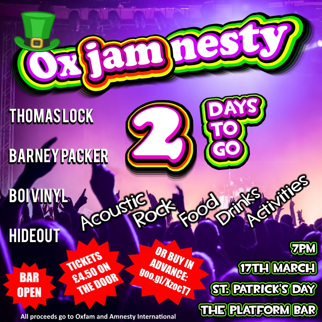 2 days to go! We and <a href="/LincolnAmnesty/">Amnesty at Lincoln Uni</a> have been super excited to put together this event to raise awareness of our charities and raise funds for vital causes! #Oxjamnesty #Oxjam