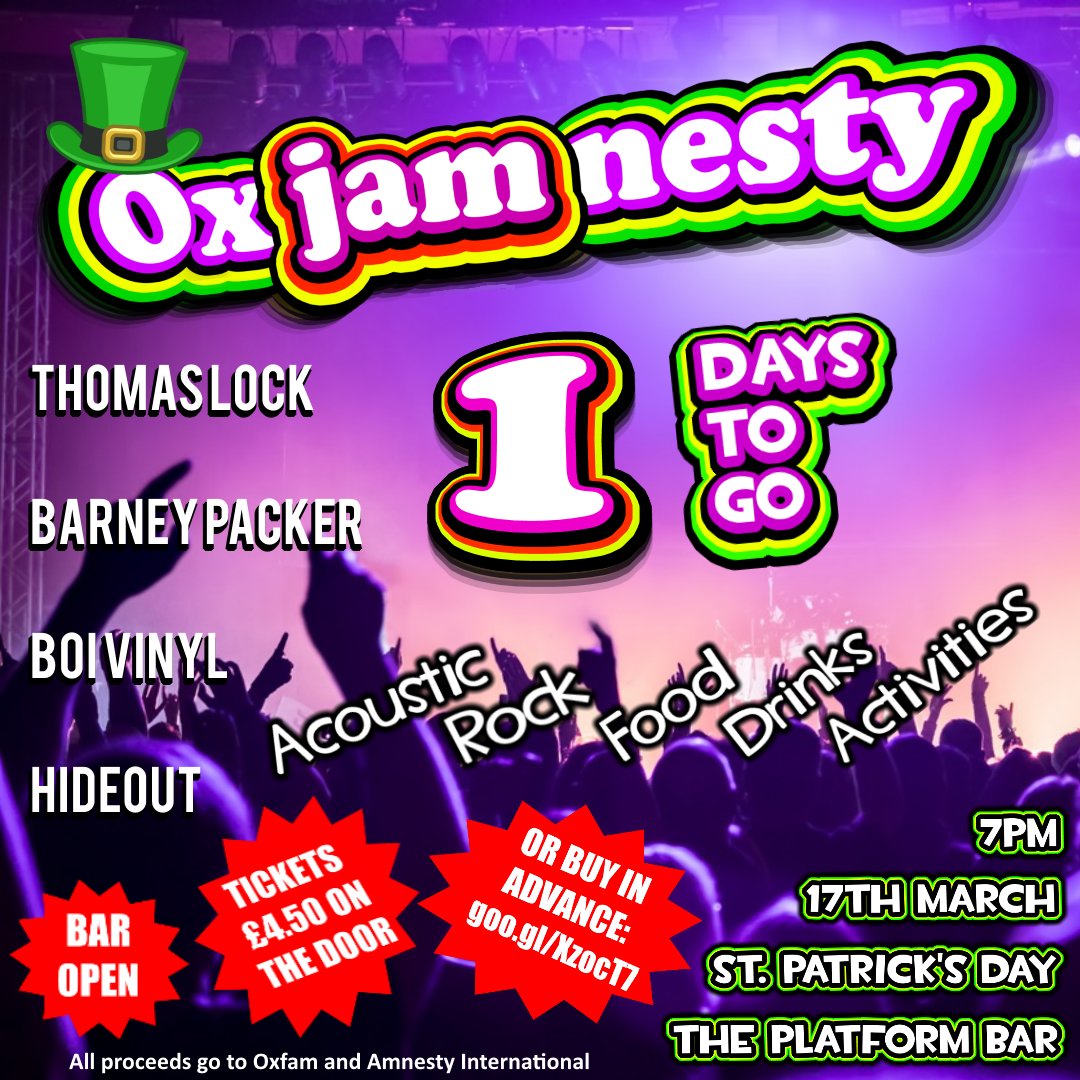 Tomorrow! You can buy tickets on the door for £4.50, all proceeds go to Oxfam and Amnesty. We have, music, games, competitions and prizes to be won! Join us at The Platform, 7pm - 10pm! #Oxjam #Oxjamnesty #Lincolnmusic