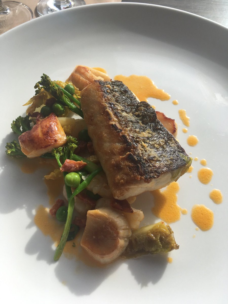 Wild sea bass on special this evening, with scallops, red prawn &amp; Gubeen chorizo #armadahotel #wildatlanticway #irishfood