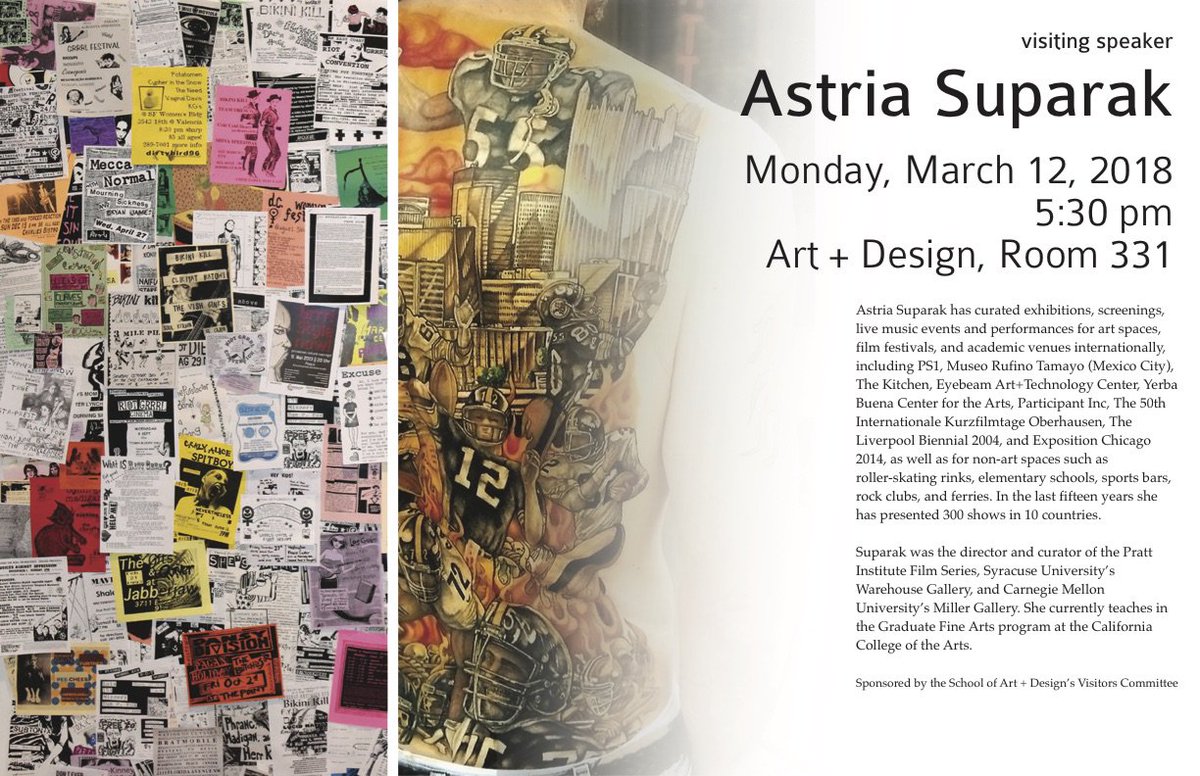 This week is jam-packed with great stuff in Art &amp; Design! Starting with Monday's visiting speaker, Astria Suparak, a curator and cultural organizer. Probably one of the few times the Pittsburgh Steelers and the Riot Grrrl movement will show up in the same talk about art! 1/5