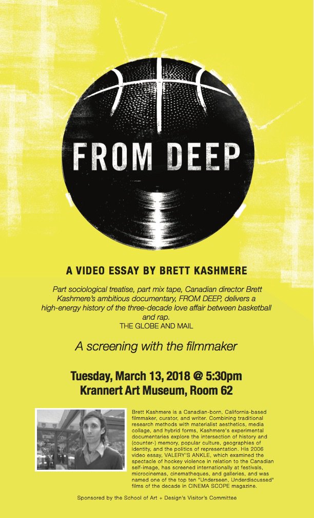 Tuesday 3/13 (5:30pm, KAM 62): A Screening of From Deep, an experimental documentary film about the history of basketball and it relationship with hip hop. Filmmaker Brett Kashmere will be there!
facebook.com/events/5253637… 3/5