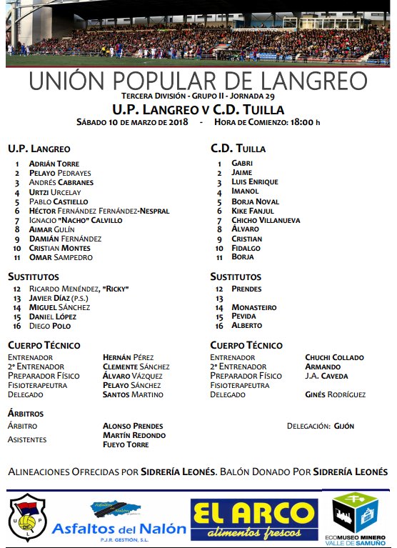 UPLangreo's tweet photo. 👥 Alineaciones y balón cortesía de Sidrería Leonés.
#UPLvTUI 🔵🔴🆙 https://t.co/P7lgq6YCAv