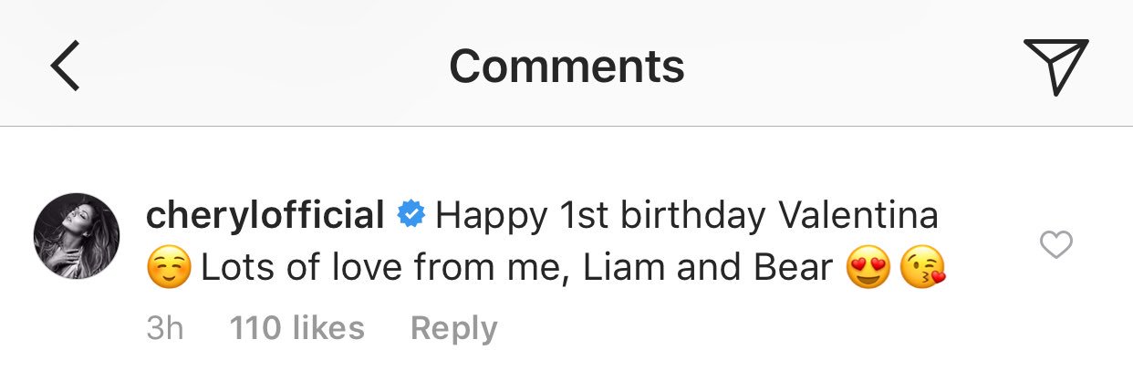 March 10, 2018
Cheryl saying happy birthday from her, Liam and Bear to Rochelle Humes\ baby on Instagram 