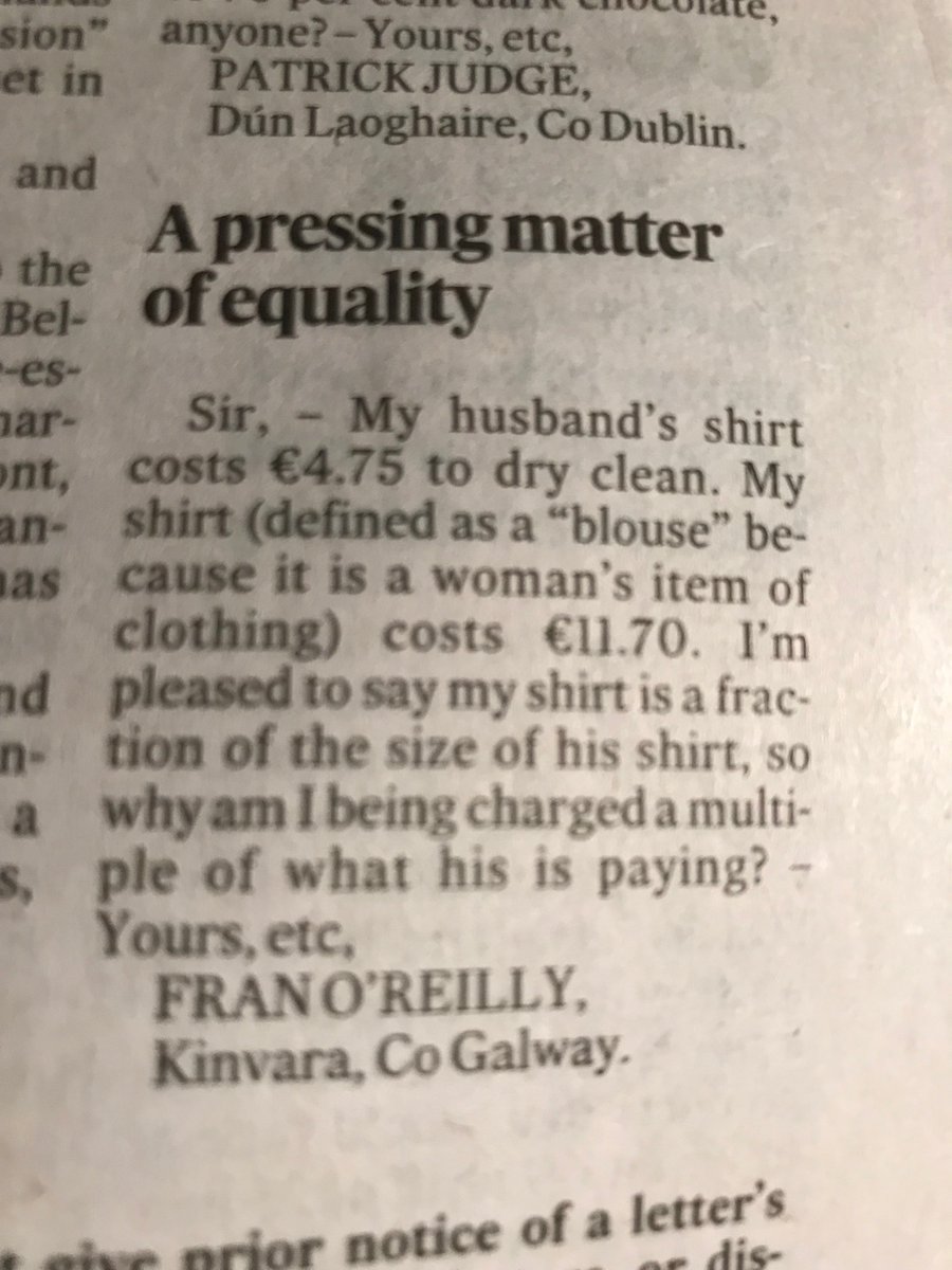aileen_otoole's tweet photo. No equality in the dry cleaners. A letter in today’s @IrishTimes https://t.co/8WV3dUxHyl