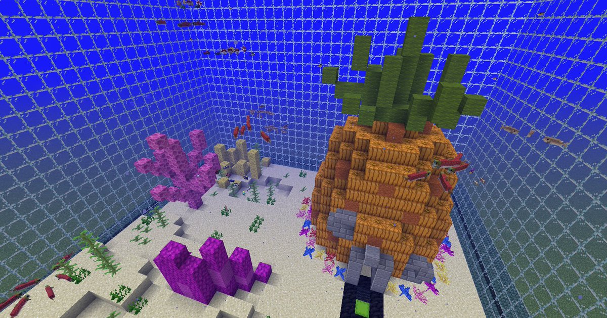 RuthieMagmaCube's tweet photo. I don't usually build in creative, (I'm proud of myself for figuring out the /fill command!) but I was so inspired by the aquatic update, I built this aquarium featuring Spongebob's pineapple!  It's so relaxing watching the fish swim around. #AquaticUpdate #MinecraftFish https://t.co/U0TM1KGIPV