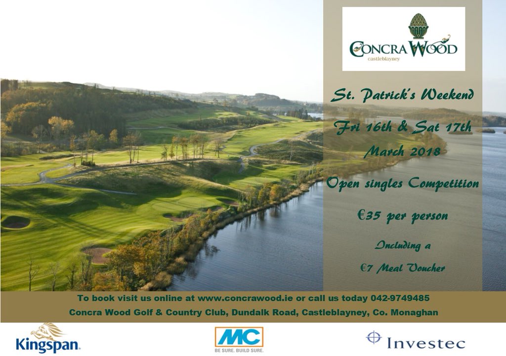 concrawood's tweet photo. Join us on either Friday 16th or next Saturday 17th for our St Patrick’s Open. Greens are superb. Free 4ball announced tonight. Just FOLLOW and RETWEET. Food voucher included in price @TheViewconcra https://t.co/FXCG6VFieM