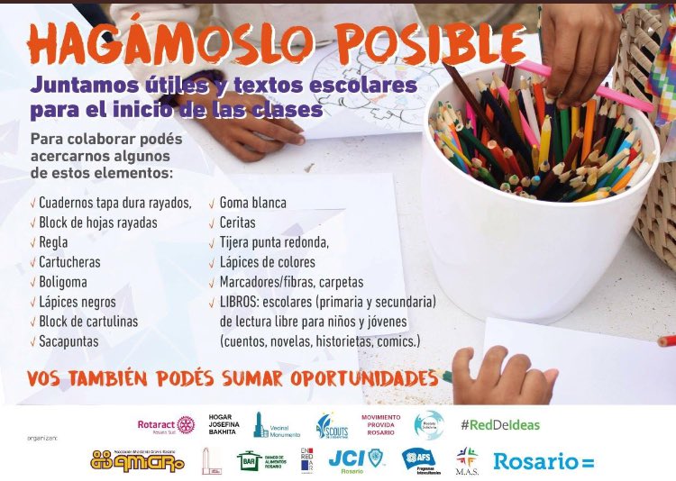 RedDeIdeasOK's tweet photo. 📒✏️Este fin de semana sumate a colaborar con útiles y textos escolares para que niños y niñas comiencen las clases con las mochilas llenas #HagamosloPosible https://t.co/feetI3fQvV