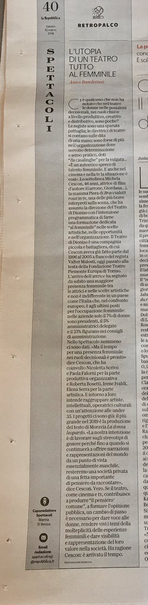 CesconMichela's tweet photo. Oggi su @repubblica pezzo per me molto importante di @Anna_Bandettini #direzioneartistica #TeatrodiDioniso #èarrivatoiltempo ✌🏼✌🏽✌🏿 https://t.co/JchSU9iW35