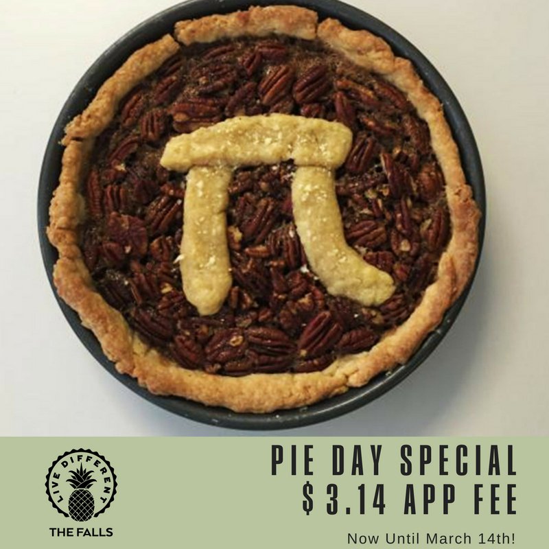 fallsofcolumbia's tweet photo. Pi Day is just around the corner! We took a HUGE slice out of our application fee. Only spend $3.14 to apply at The Falls this coming Wednesday! #livedifferent https://t.co/YEqhws5g0z