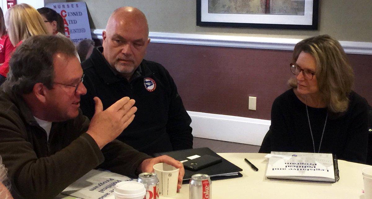AFTCT's tweet photo. This morning #union members told W CT area #CTGeneralAssembly lawmakers, #Election2018 candidates to #resist failed #AusterityBudget policies, make #BetterChoices to protect #CTQuality of life for all. #UnrigTheSystem @AFTUnion https://t.co/snKQtqTFFS