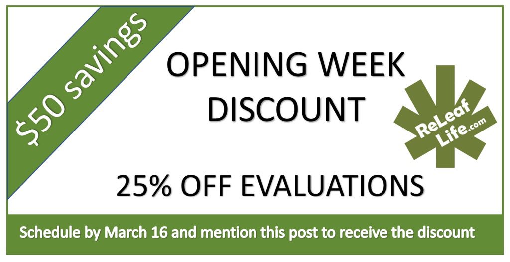 releaflife's tweet photo. Grand Opening week promo ‼️💚💥check us out online call to book your evaluation.  #releaflife #CannabisMedicinal #Maryland #promo #twitter https://t.co/jmbpkZuMhC