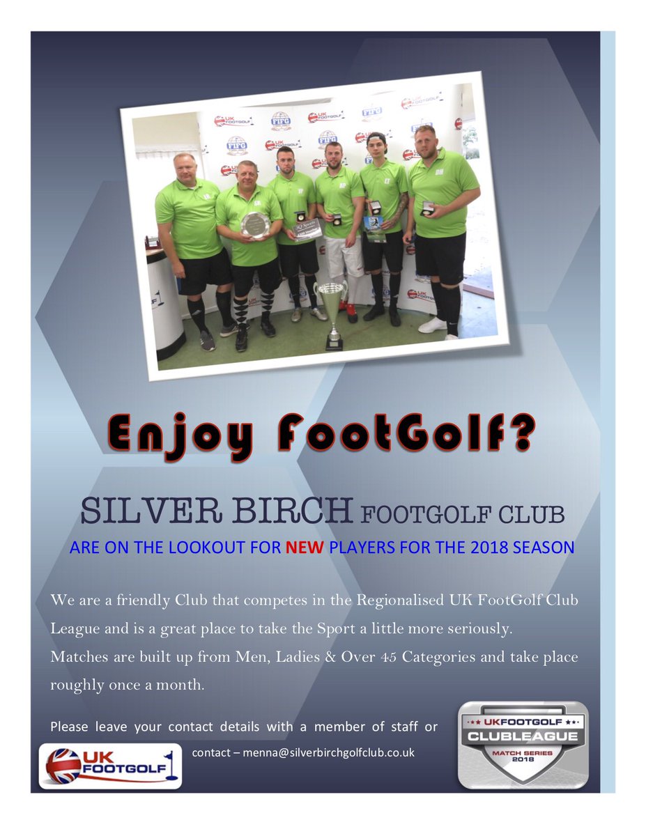 SilverBirchGC's tweet photo. Are you joining our team this year ? 
Pop over tomorrow to meet some of the lads, they’re competing in the Anglo-Welsh comp. Good friendly bunch. #FootGolf, it’s golf with #BiggerBalls !
Sharing is caring, please RT. @UKFootgolf @DcFootgolf @storwswen @ColwynBayFC @OutdoorActives https://t.co/Ggp4FAxTGP