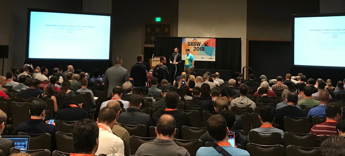 BhavaCom's tweet photo. A full house for "Regulating #AI" at #SWSW18. Heard that one size fits all regulation won't work, explainability of AI is a challenge. Check out client @CognitiveScale for AI w/explainability, end-to-end visibility. https://t.co/Zxkcyluug2