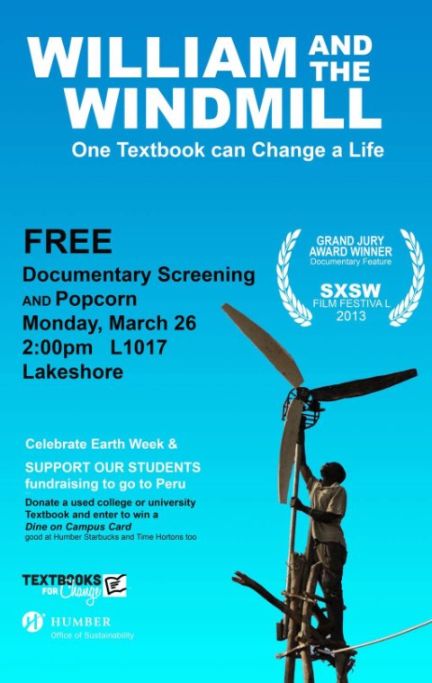 T4Chumber's tweet photo. Come check out our film screening of William and the Windmill on Monday, March 26th from 2-4 to learn how just one textbook can make a huge impact on a student's life!

@HumberSSCS @humbercollege @HumberLakeshore @ShareIGNITE 

#bookbybook #textbooksforchange  #filmscreening https://t.co/gZuOhr9O06