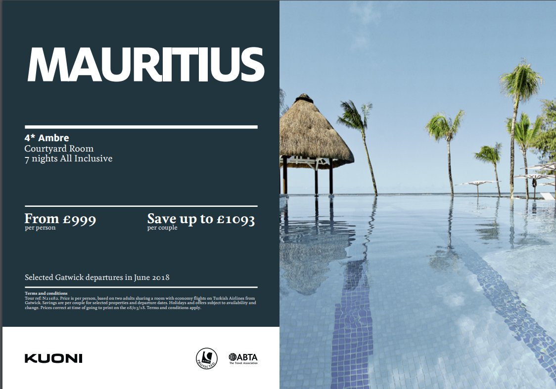 Dreaming of getting away form this rainy weather? Give your self something to look forward to this summer with this amazing special offer to Mauritius! 7 nights all inclusive from £999 per person! Come into the Dorking store this weekend to find out more!