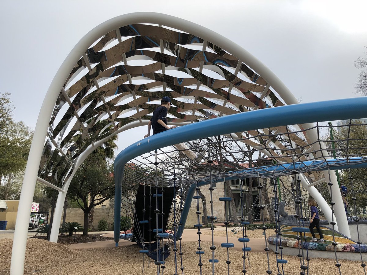 discoverschools's tweet photo. “Reflect” is a new public art piece by Stuart Allen at the Yanaguana Playground at @hemisfair. It’s beautiful and dramatic, but also functional as a shade structure.
#hemisfair #yanaguanagarden #stuartallen #reflect #publicartsanantonio @HemisfairConsrv https://t.co/4NeleuI2rI