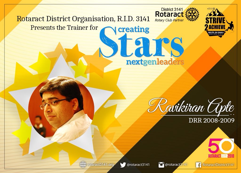 Rotaract3141's tweet photo. Rotaract District 3141
Presents
The Trainer for Stars 2017-18
PDRR Ravikiran Apte
(DRR 2008-09)
#Trainer #Stars #NextGenLeaders #Leaders #Strive2Achieve #Rotaract50 #RotaractMumbai https://t.co/QdSTKgbqlG