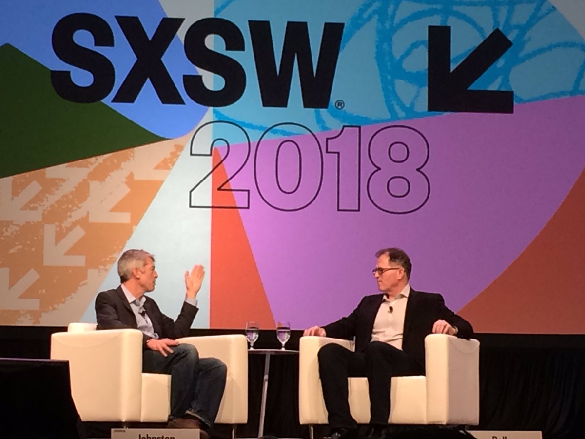 Another farming reference at #SXSW2018. Michael Dell of <a href="/Dell/">Dell</a> talks about partnership with <a href="/AeroFarms/">AeroFarms</a> who increased productivity of farming herbs ~300 fold using vertical farming, using drastically less water
