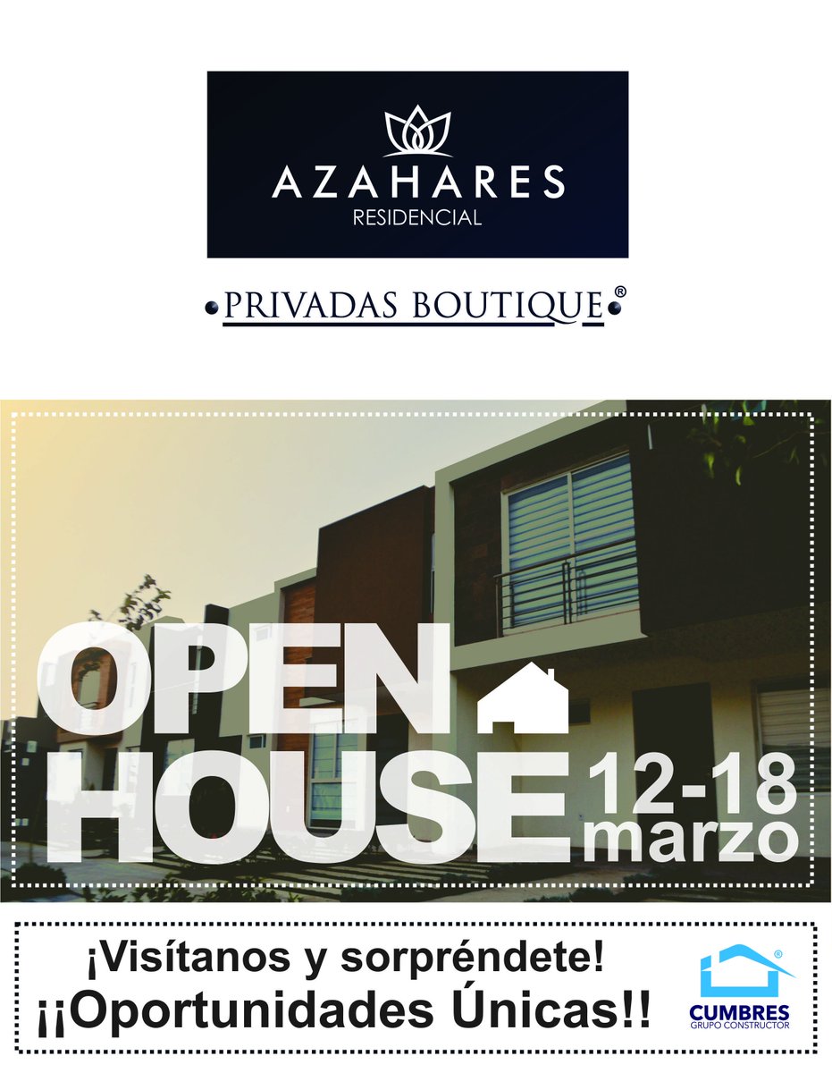 grupocumbres's tweet photo. ¡¡Ya está aquí el gran Open House de nuestro Fraccionamiento Azahares Residencial!!

Te esperamos del 12 al 18 de Marzo de 9:00 am a 9:00 pm 

Ubicación: Hilario Medina y Libramiento justo a espaldas del club de Golf

#OpenHouse #AzaharesResidencial https://t.co/3k5VhETGNc