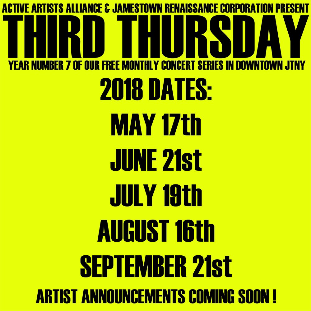 Here's the dates for the 2018 Third Thursday Free Concert Series, presented in collaboration with our friends at the Jamestown Renaissance Corp. Lots of exciting new stuff is going to be happening this year. Band announcements will be coming soon. #jtny #wny #chq #wnymusic