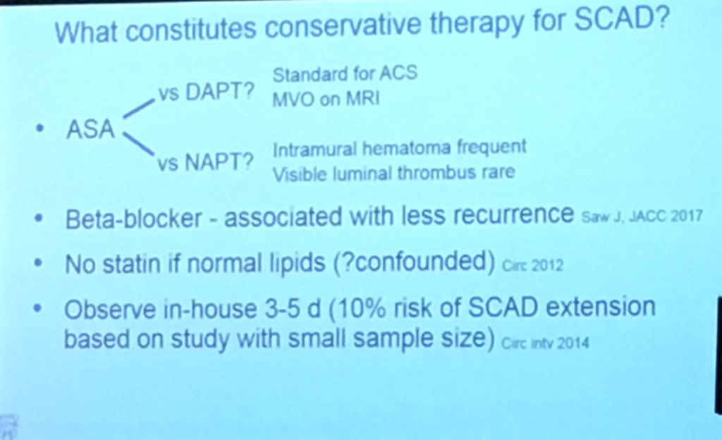 Conservative management of spontaneous coronary artery dissection. Avoid stent. Balloon only for total occlusion #ACC18