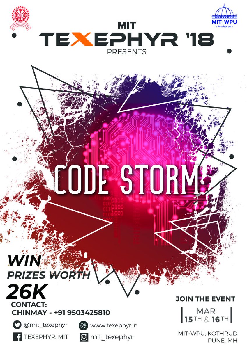 krushna_mantri's tweet photo. Don't be just another brick in a wall, Show your talent to world and win prizes worth 26K . Team up now and register #codestorm
#Be_plus_plus
#Texephyr'18 https://t.co/bKg1mHqEXG