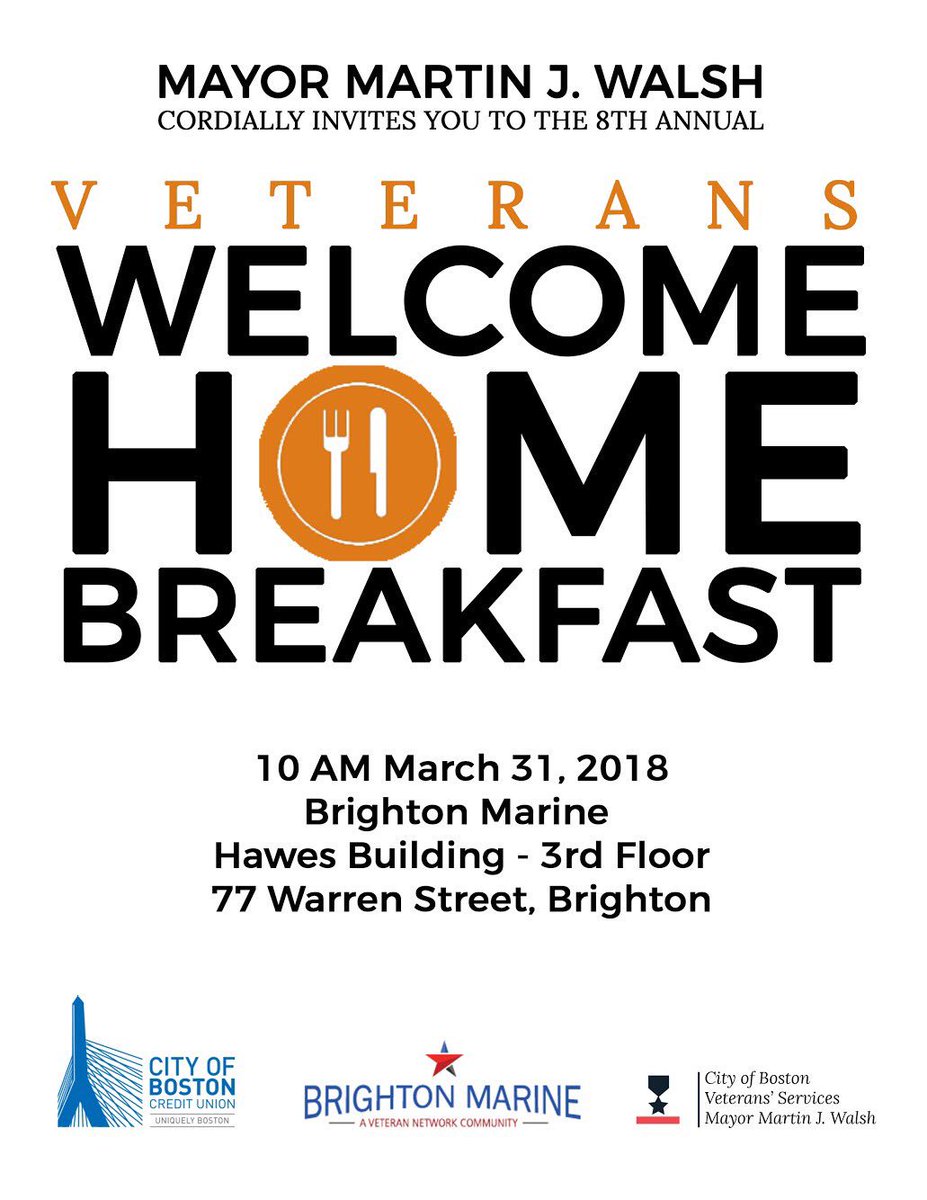 BostonVets's tweet photo. Join us in a few weeks for our 8th Annual Welcome Home Breakfast where #Veterans are invited to a free meal at @BrightonMarine Our guest speaker will share insight into becoming a #VeteranEntrepreneur RSVP @ https://t.co/6YgcgDPxKf #VetTogether https://t.co/YH0GCXp5ji