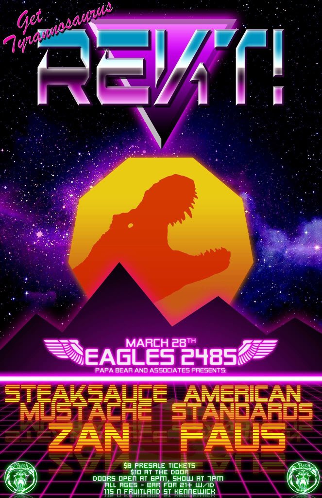 TourCasual's tweet photo. #Kennewick @AmericanStndrds and @SteaksauceBand are coming your way March 28th at #Eagles2485 with #Zan and #Faus.
——-
#WashingtonHardcore #WashingtonMetal #WashingtonPunk #WAhardcore #WAmetal #WApunk #KennewickHardcore #KennewickMetal #KennewickPunk https://t.co/nkR0IyB5BI