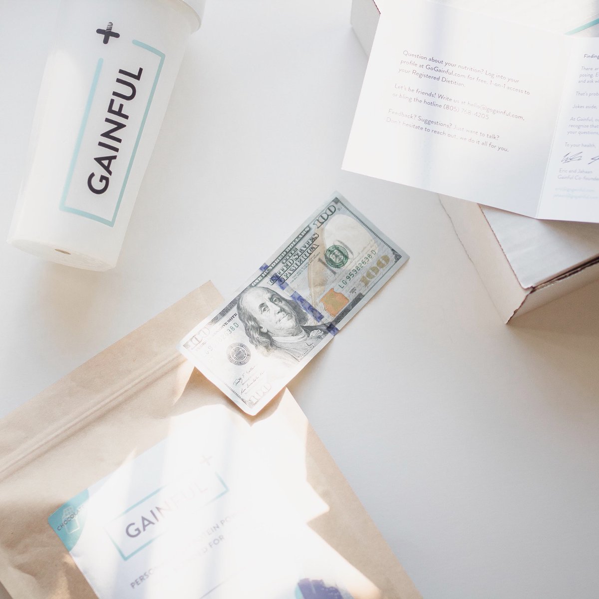 gainful's tweet photo. Yo #GainfulFam – we've got a fun announcement. Place an order TODAY ONLY (up until midnight PST) for your chance at a crisp $100 bill in your box of Gainful. We'll be slipping a crisp 💯  into one lucky person's order. https://t.co/XAFn4LIzSH https://t.co/Af2Vr8Rphm