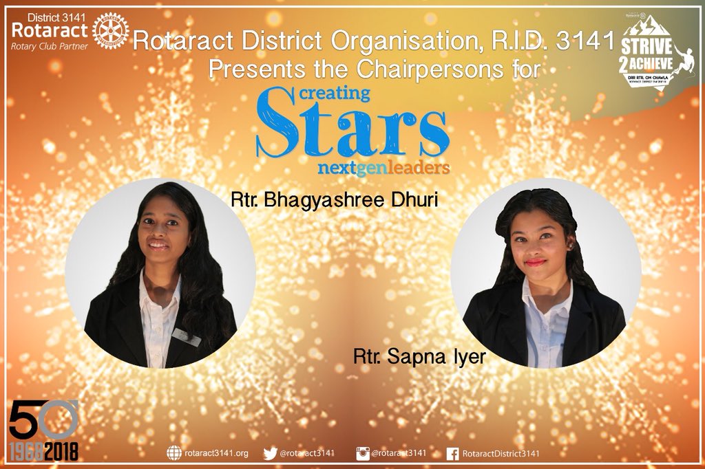 Rotaract3141's tweet photo. “You can be the Moon and still be jealous of the STARS..”
Presenting to you all
The Chairpersons for Stars 2017-18
Rtr.Bhagyashree Dhuri
Rtr.Sapna Iyer
#Chairpersons #Stars #NextGenLeaders #Leaders #Strive2Achieve #Rotaract50 #RotaractMumbai https://t.co/76sW1a9eaS