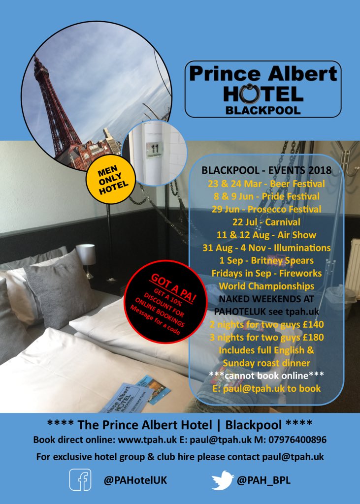 PAH_BPL's tweet photo. Cum visit Blackpool several gr8 events - BEER | PRIDE | PROSECCO CARNIVAL | AIRSHOW ILLUMINATIONS | BRITNEY | FIREWORKS & the @PAH_BPL #NakedWeekends #SingleWeekends #FFWeekends #GayLeatherWeekends - Got a #PA get 10% off online bookings DM 4 a code - https://t.co/4oCh8GUdC7 π½π― https://t.co/QTihcOk5M3