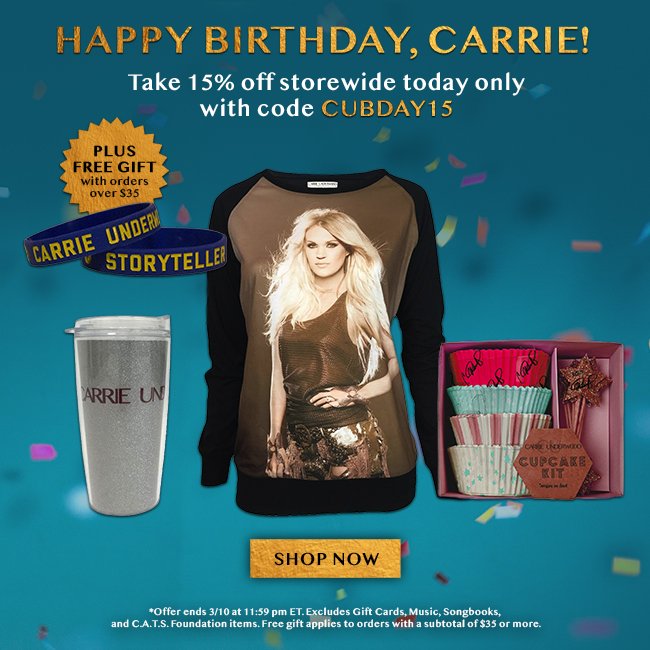 carrieunderwood's tweet photo. Happy Birthday, Carrie! 
Take 15% off storewide today only using code CUBDAY15.
Plus free gift with orders over $35! https://t.co/sP9bVFrxnN -TeamCU https://t.co/0kjQKoB9Tu