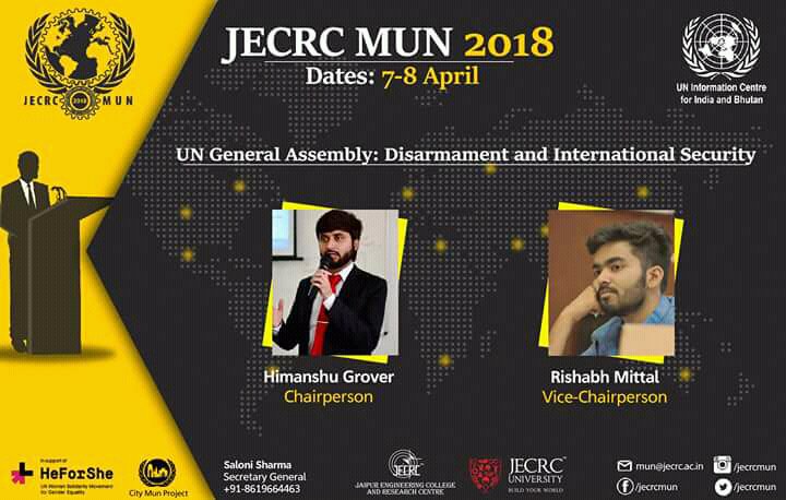 JECRC_MUN's tweet image. With absolute delight, we present to you the EB of UNGA-DISEC for JECRC MUN 2018.
CHAIRPERSON: Himanshu Grover 
VICE-CHAIR: Rishab Mittal
jecrcmun.co.in
For queries contact,
Prakhar Joshi (EB Affairs): 9630466547
S. Shrey Jain (EB Affairs): 9461269147
#JecrcMun #HeForShe