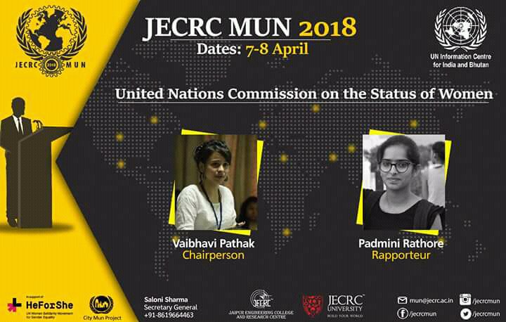 JECRC_MUN's tweet image. With absolute delight, we present to you the EB of UN-CSW for JECRC MUN 2018.
CHAIRPERSON: Vaibhavi Pathak 
RAPPORTEUR: Padmini Rathore
jecrcmun.co.in
For queries contact,
Prakhar Joshi (EB Affairs): 9630466547
S. Shrey Jain (EB Affairs): 9461269147
#JecrcMun #HeForShe