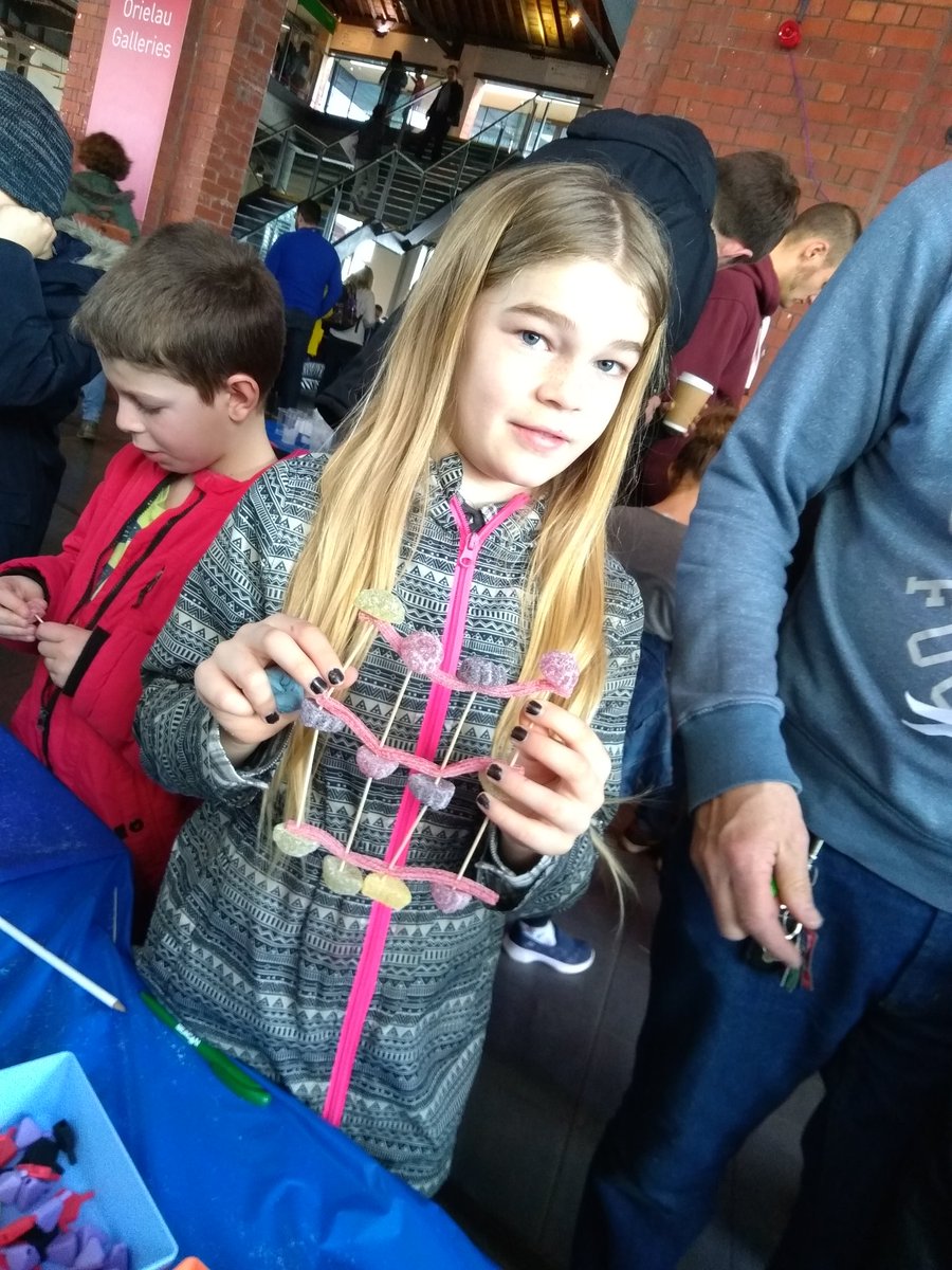 MMMedGen's tweet photo. Great day helping out at #futurefaceofsci exhibit. Here's a few DNA models constructed from sweets &amp; model kits - mixture of normal and alien DNA @futurefaceofsci https://t.co/eE2pry4wuf