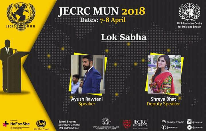 JECRC_MUN's tweet image. With absolute delight, we present to you the EB of Lok-Sabha for JECRC MUN 2018.
SPEAKER: Ayush Rawtani
DEPUTY SPEAKER: Shreya Bhat
jecrcmun.co.in
For queries contact,
Prakhar Joshi (EB Affairs): 9630466547
S. Shrey Jain (EB Affairs): 9461269147
#JecrcMun #HeForShe #UNIC