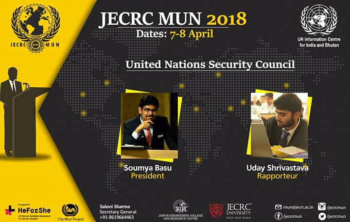 JECRC_MUN's tweet image. With absolute delight, we present to you the EB of UN-SC for JECRC MUN 2018.
PRESIDENT: Soumya Basu
RAPPORTEUR: Uday Shrivastava
jecrcmun.co.in
For queries contact,
Prakhar Joshi (EB Affairs): 9630466547
S. Shrey Jain (EB Affairs): 9461269147
#JecrcMun #HeForShe #UNIC
