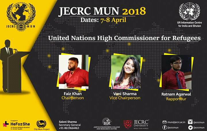 JECRC_MUN's tweet image. With absolute delight, we present to you the EB of UN-HCR for JECRC MUN 2018.
CHAIR: Faiz Khan
VICE-CHAIR: Vani Sharma
RAPPORTEUR: Ratnam Agarwal

jecrcmun.co.in

Contact :
Prakhar Joshi (EB Affairs): 9630466547
S. Shrey Jain (EB Affairs): 9461269147
#JecrcMun #HeForShe