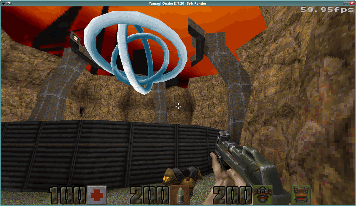 A Screenshot of Yamagi Quake II 7.20, using the re-added (experimental) Software Renderer in all its uglyness.