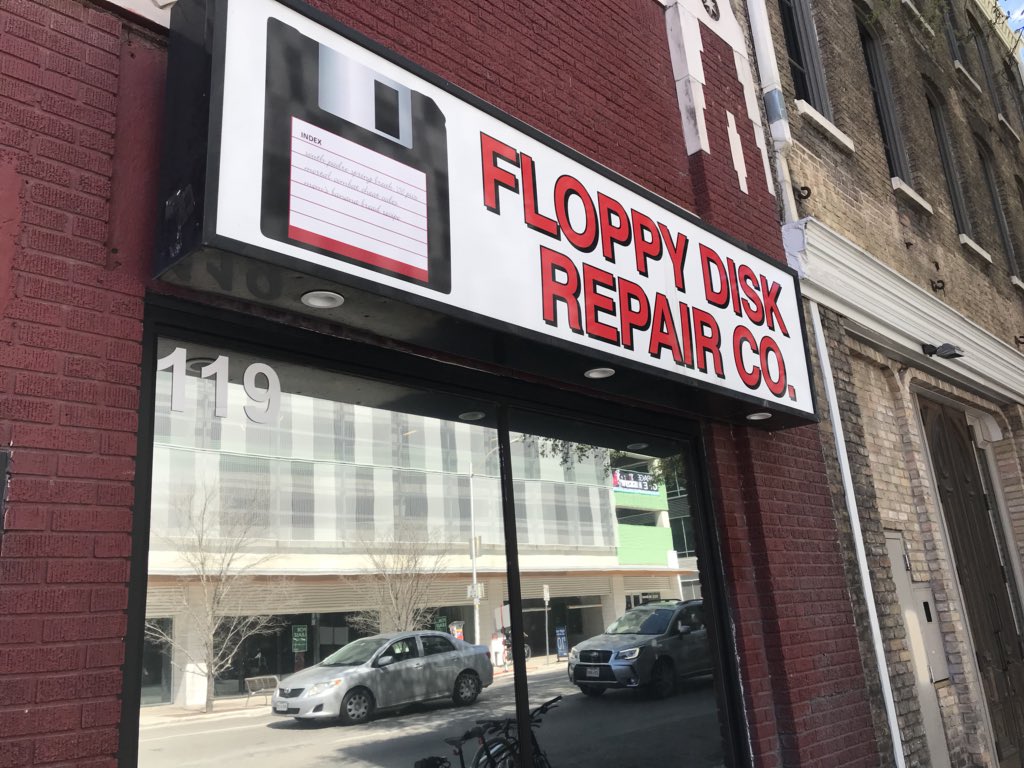 dustinhaisler's tweet photo. Spotted at #SXSW - Floppy Disk Repair - Only in Austin #govtech #MayorsatSXSW https://t.co/LGnjdxIRV2