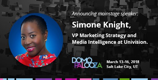 mollie426's tweet photo. Simone Knight, VP Marketing Strategy and Media Intelligence at Univision, joins the Domopalooza 2018 mainstage lineup! #DP18 https://t.co/JjztGRwbck https://t.co/d5RllmOnGK