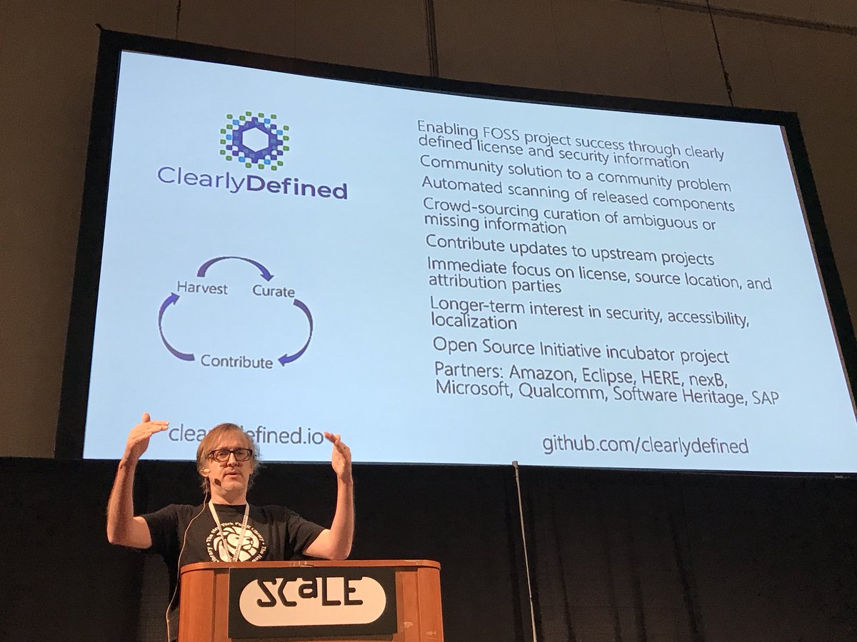 #SCALE16x @gossmanster How the new #ClearlyDefined project at @OpenSourceOrg solves problems for OSPOs by crowd sourcing the meta data of an open source project. @AWSOpen @OpenAtMicrosoft @EclipseFdn @Qualcomm ... opensource.org/clearlydefined